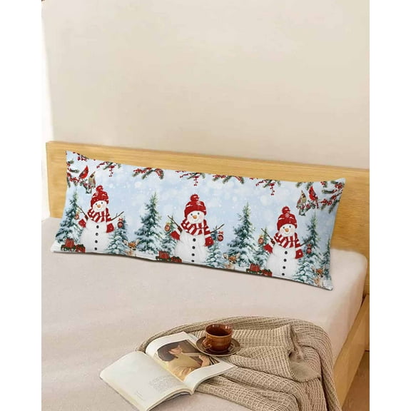 Blue Snowman Christmas Body Pillow Cover, Pillowcase Protectors with Zipper, Breathable Decorative Throw Pillow Case Cover, Xmas Tree Branch Birds Pillow Shams for Couch Sofa 20x54Inch