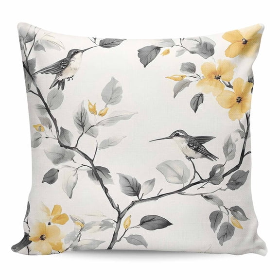 Throw Pillow Covers 24x24 Inch, Yellow Grey Spring Floral Decorative Pillow Cases for Couch Sofa Bed, Summer Botanical Birds Cotton Linen Square Home Decor Pillowcases with Hidden Zipper