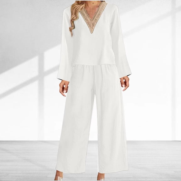 LEKWK Linen Sets for Women 2 Piece Long Sleeve V Neck Loose Fit Tops and High Waisted Wide Leg Pants Summer Fashion Beach Casual Resort Outfits