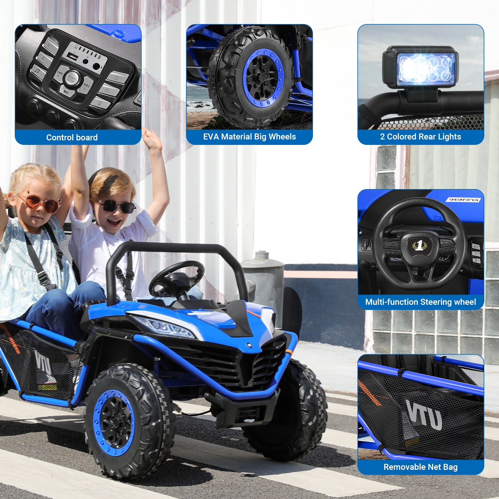 24V Kids Ride on Car, 2 Seater 10Ah Powered on Truck,4*200W Motor Electric Vehicles with Remote Control,Up to 5mph,Spring Suspension UTV for 3-8 Boys Girls,Blue