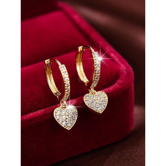 Yellow Gold Zirconia Heart Dangle Hoop Earrings For Women
