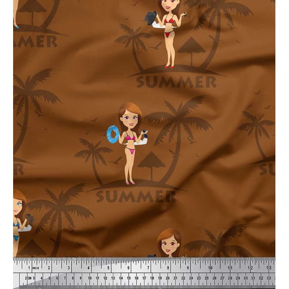 Soimoi Brown Moss Georgette Fabric Hat,Palm Tree & Beachwear Girl Summer Designs Print Fabric by the Yard 42 Inch Wide