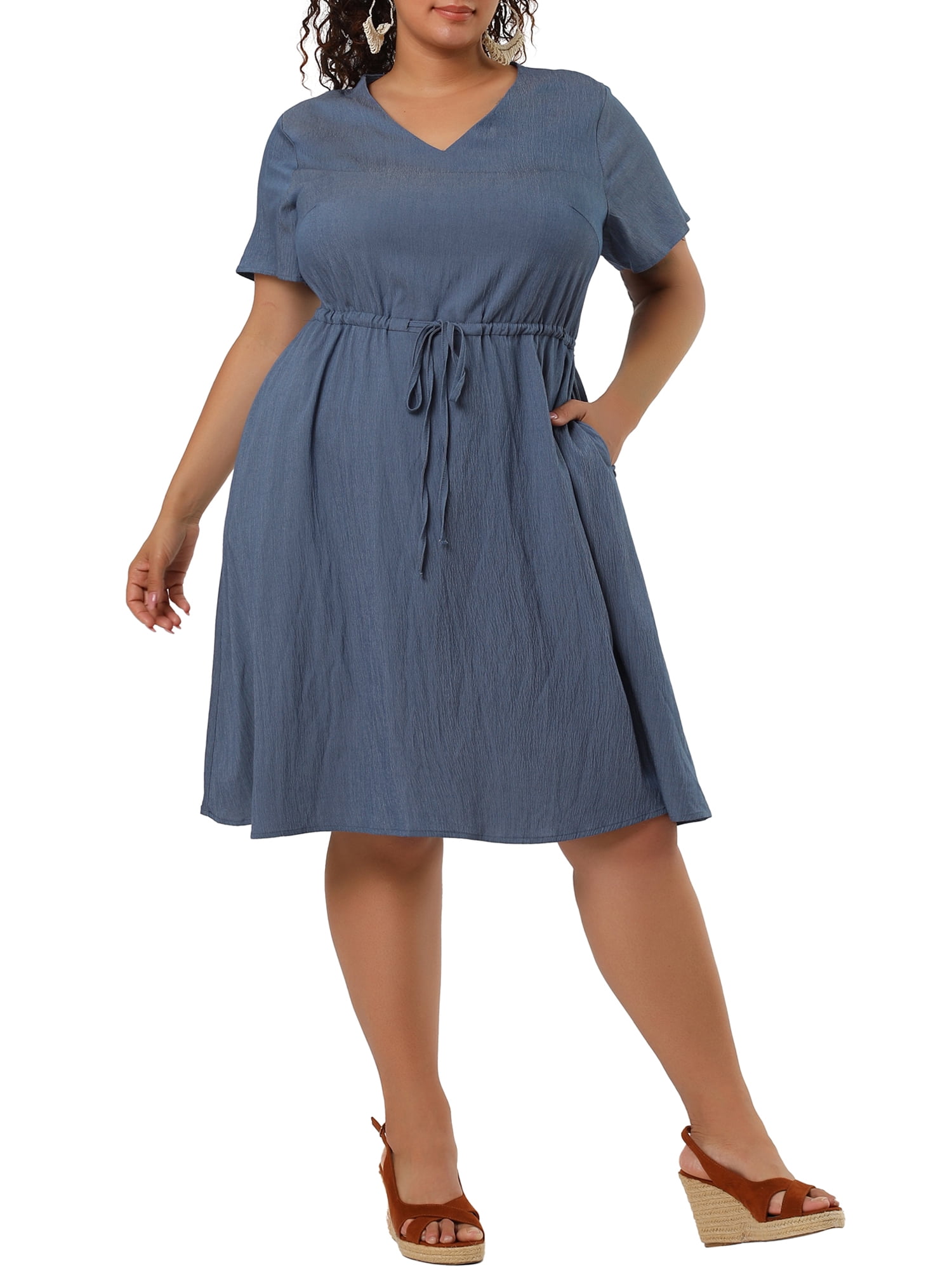 Unique Bargains Women's Plus V Neck Short Sleeve A-Line Denim Dresses 4X Dark Blue