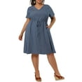 thumbnail image 5 of Unique Bargains Women's Plus V Neck Short Sleeve A-Line Denim Dresses 4X Dark Blue, 5 of 7