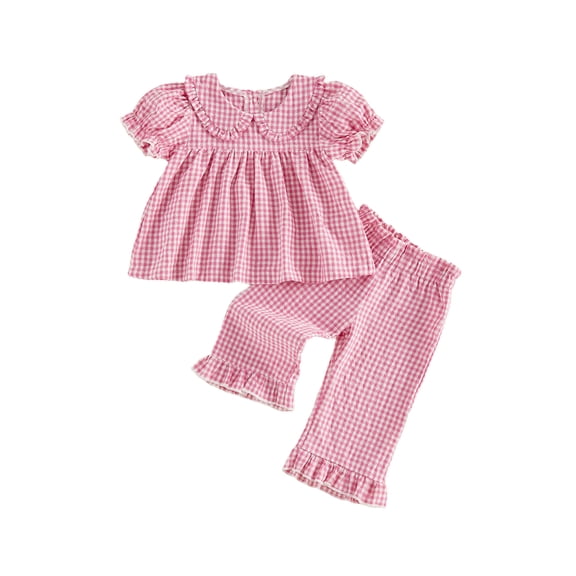 Lairauiy Baby Toddler Girls Pants Clothes Set 6 12 18 24 Months 2T 3T 4T Short Puff Sleeve Doll Collar Plaid Tops Pants Summer Outfits