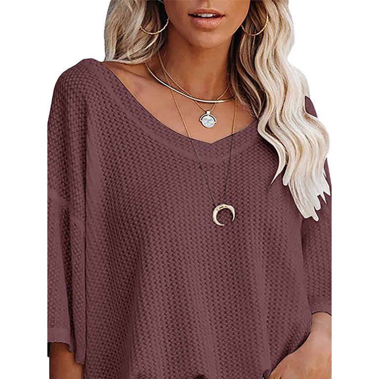 JustVH Women V Neck Dolman Sleeve Top Waffle Knit Casual Loose Short Sleeve  Beach T-Shirt