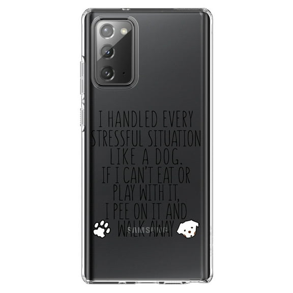 DistinctInk Clear Shockproof Hybrid Case for Samsung Galaxy Note 20 (6.7" Screen) - TPU Bumper Acrylic Back Tempered Glass Screen Protector - Can't Eat or Play, Pee and Walk Away - Dog Lover