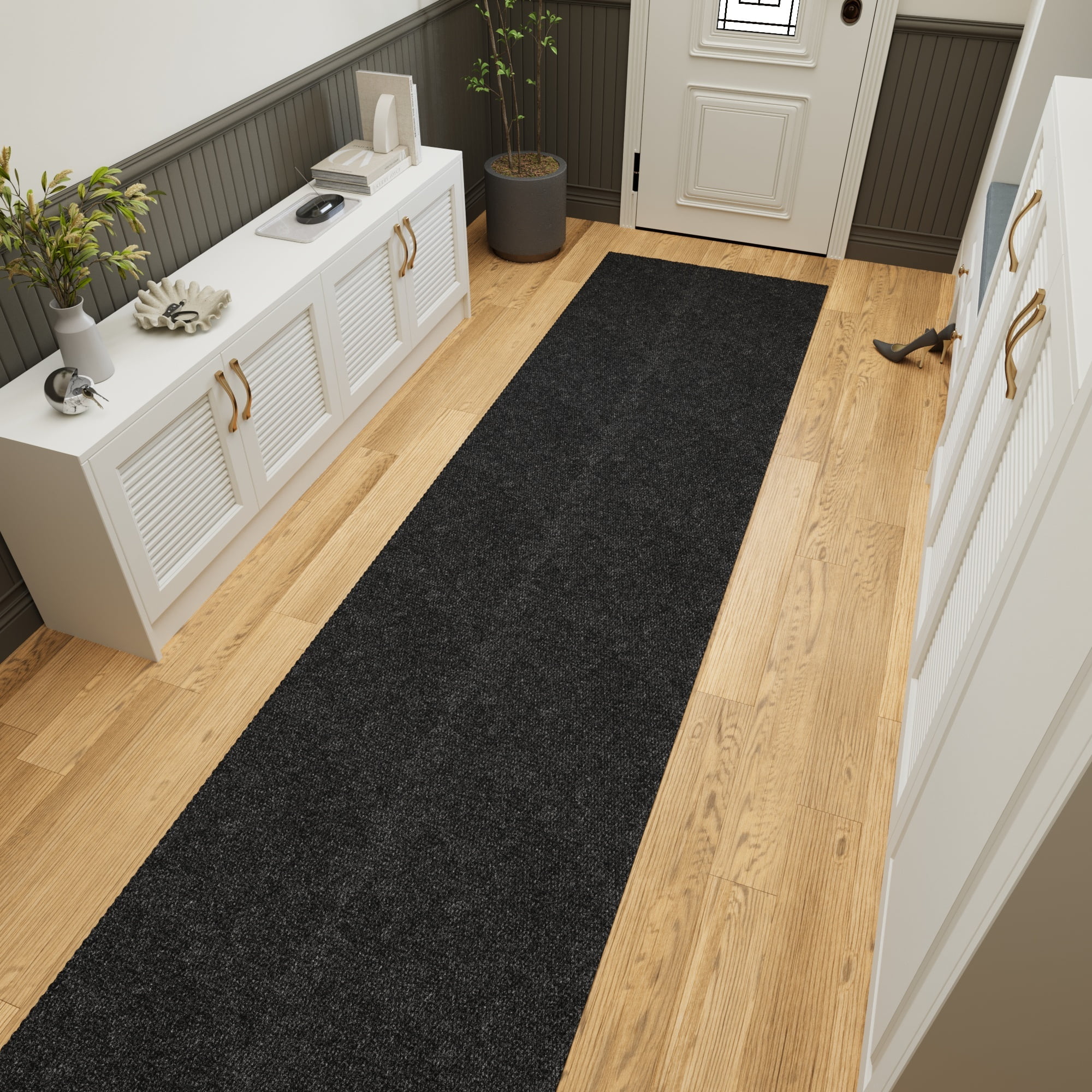 Ottomanson Non-Slip Hallway Runner Rug 2'7" x 47' Indoor/Outdoor Custom Size Utility Carpet for Garage, Black Hobnail