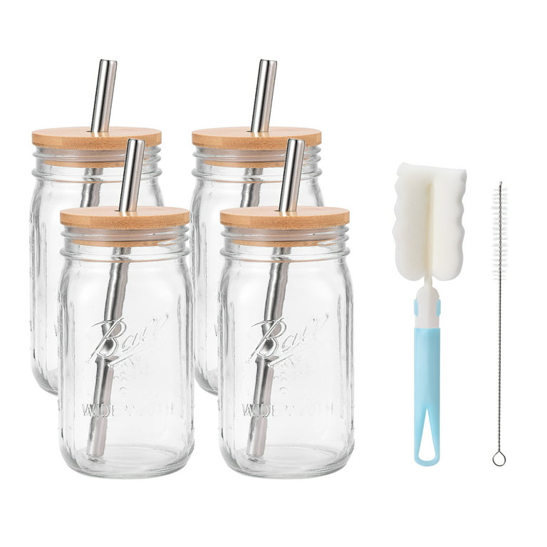 Glass Cups, Wide Mouth Mason Jar Drinking Glasses With Bamboo Lids