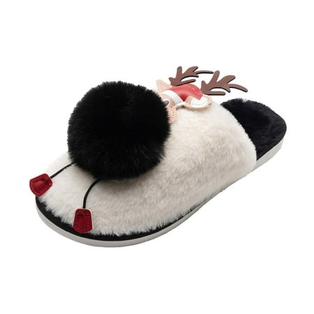 

FITORON Women s Slippers- Christmas Hair-ball Cotton Slippers Baotou Hairy Slippers Home indoor Floor Cute Warm Shoes Black 36-37