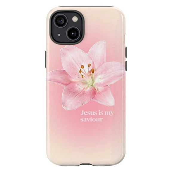 Pink Lily with Jesus Is My Saviour Phone Case, Aesthetic Christian Flower Cover for iPhone 17 16 15 14 13 12 11 Pro Plus