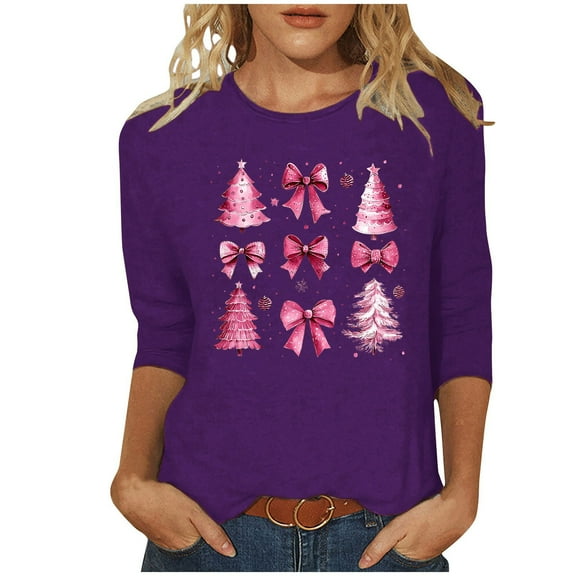 asdoklhq Christmas Womens Flannel Shirt Women's Christmas Printed Round Neck 3/4 Sleeve T-shirt Loose Top Long Sleeve Round Neck Top/Shirt Purple 2X
