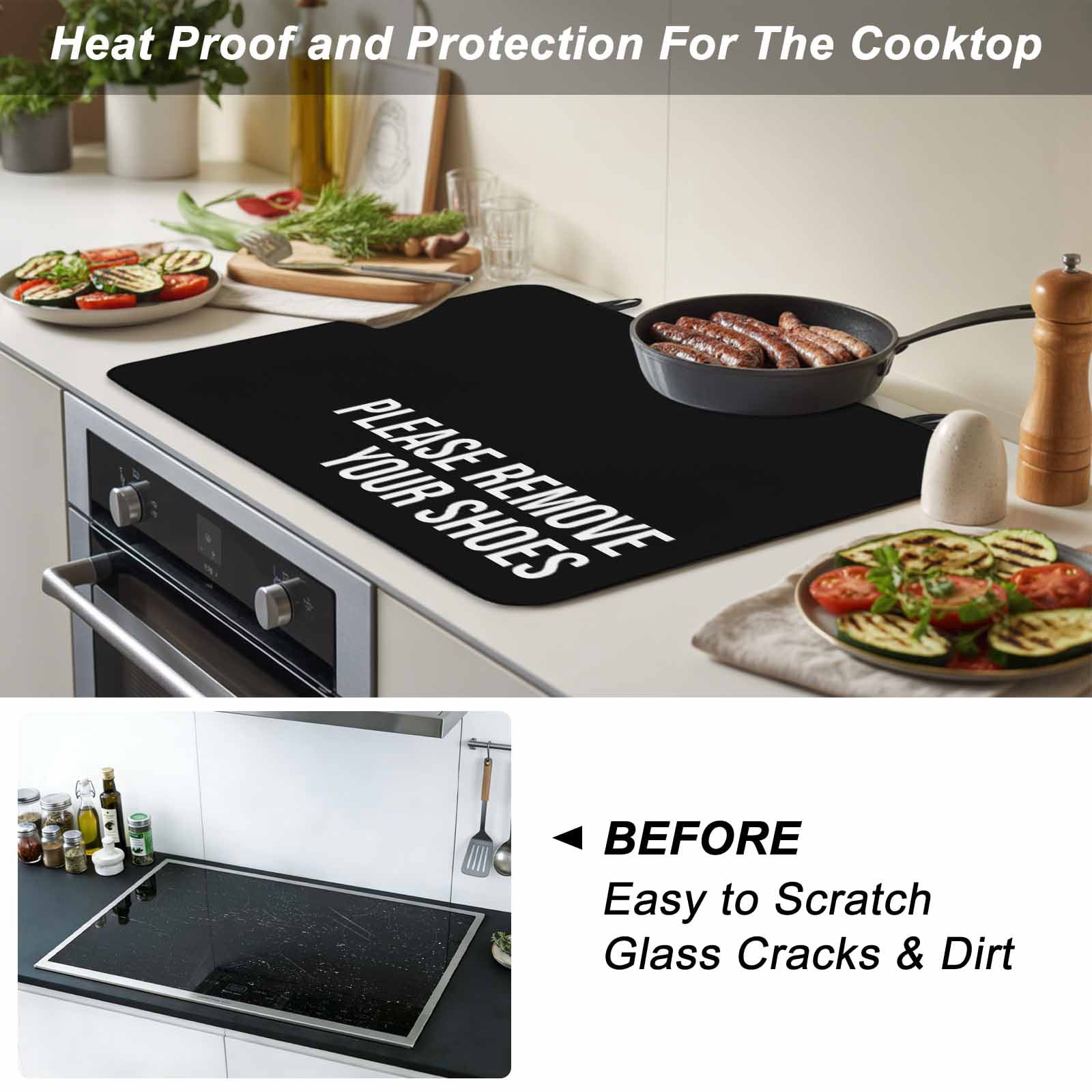 Black Stove Top Cover for Electric Stove, Heat-proof & Non Slip Glass Top Stove Cover Protector, Funny Letters Please Remove Your Shoes Kitchen Flat Cooktop Rubber Mat 24x21 Inches
