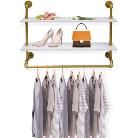 Gold Pipe Clothing Rack 2 tier Industrial Clothing Rack Wall Mounted for Clothing Storage Gold Garment Rack Industrial Pipe Clothing Rack with Double Tier Shelves & A Hanging Bar