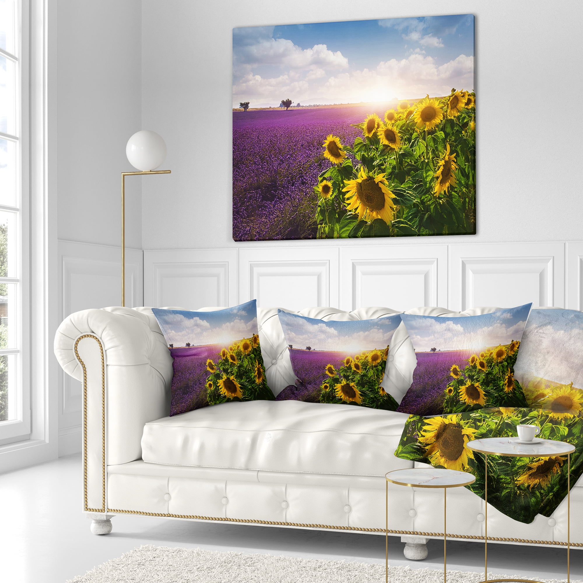 Designart Lavender and Sunflower Fields - Floral Throw Pillow - 18x18