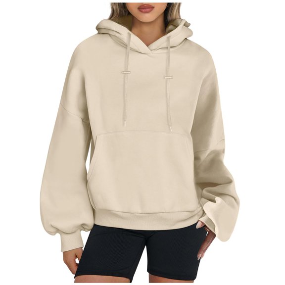 Hoodie for Women Fall Winter Relaxed Fit Hooded Puff Sleeves Blouson Drop Shoulder Hoody Solid Color Cotton Sweatshirt Top(Beige,L)