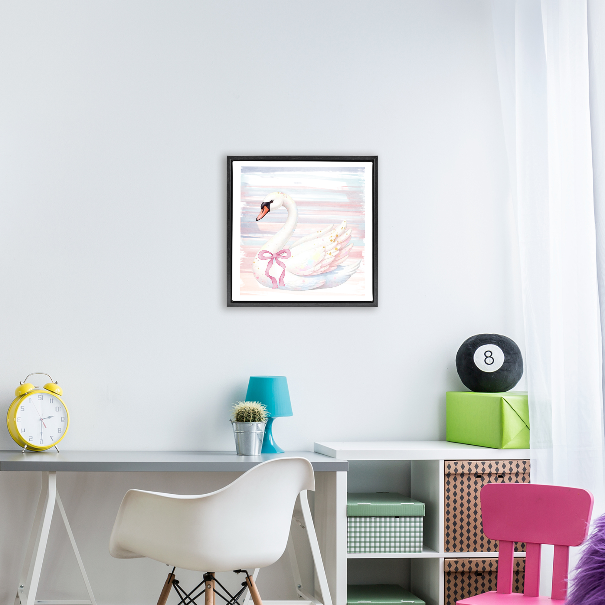 Pastel Swan with Ribbon Black Framed Floater Canvas Wall Art, design by Kim Allen