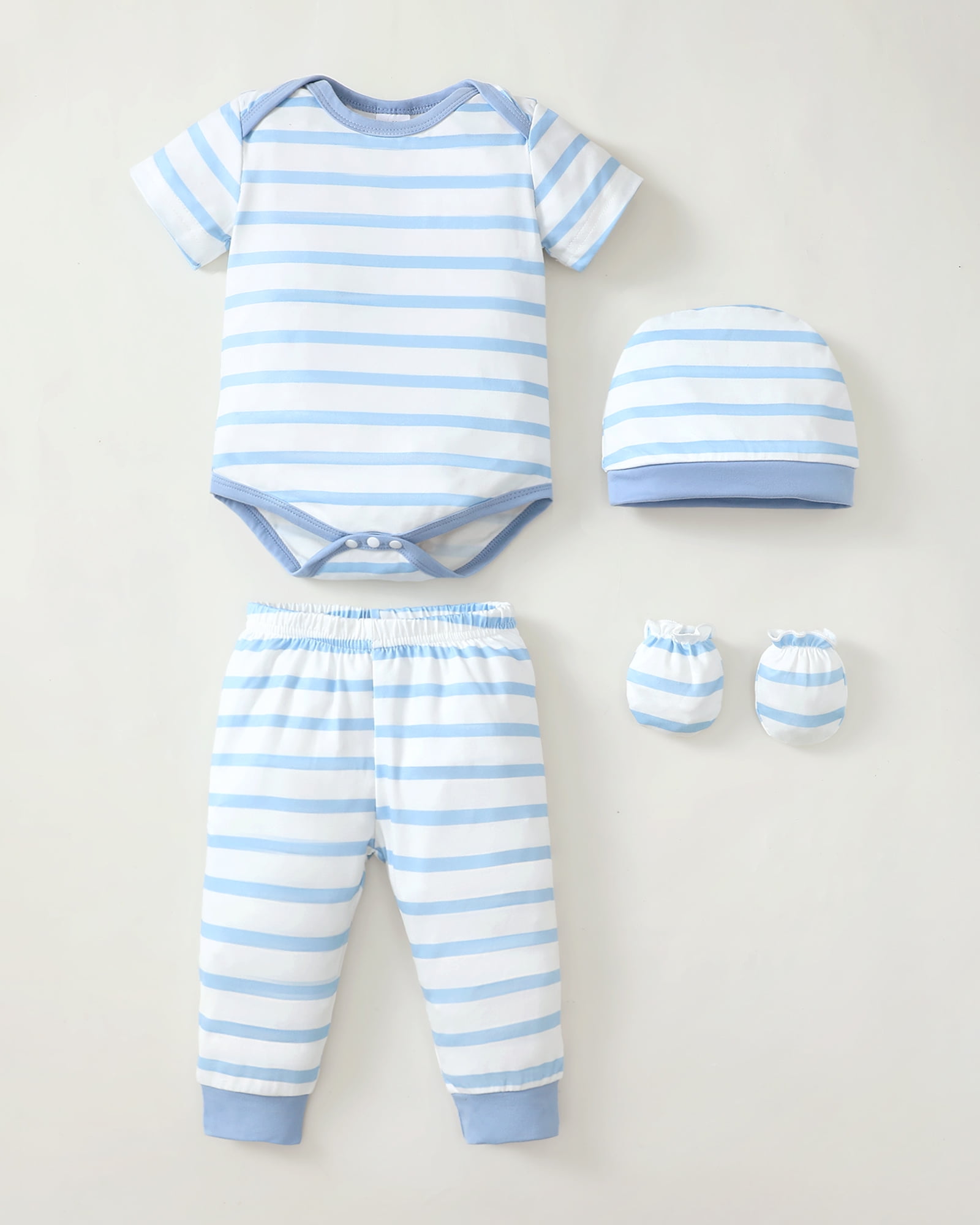 KIMI BEAR Newborn Baby Boys Outfits Sets 4 Packs 0-3 Months Summer Clothes Sets Short Sleeves Romper Top Elastic Pants with Hats and Gloves 16pcs Layette Essentials Blue