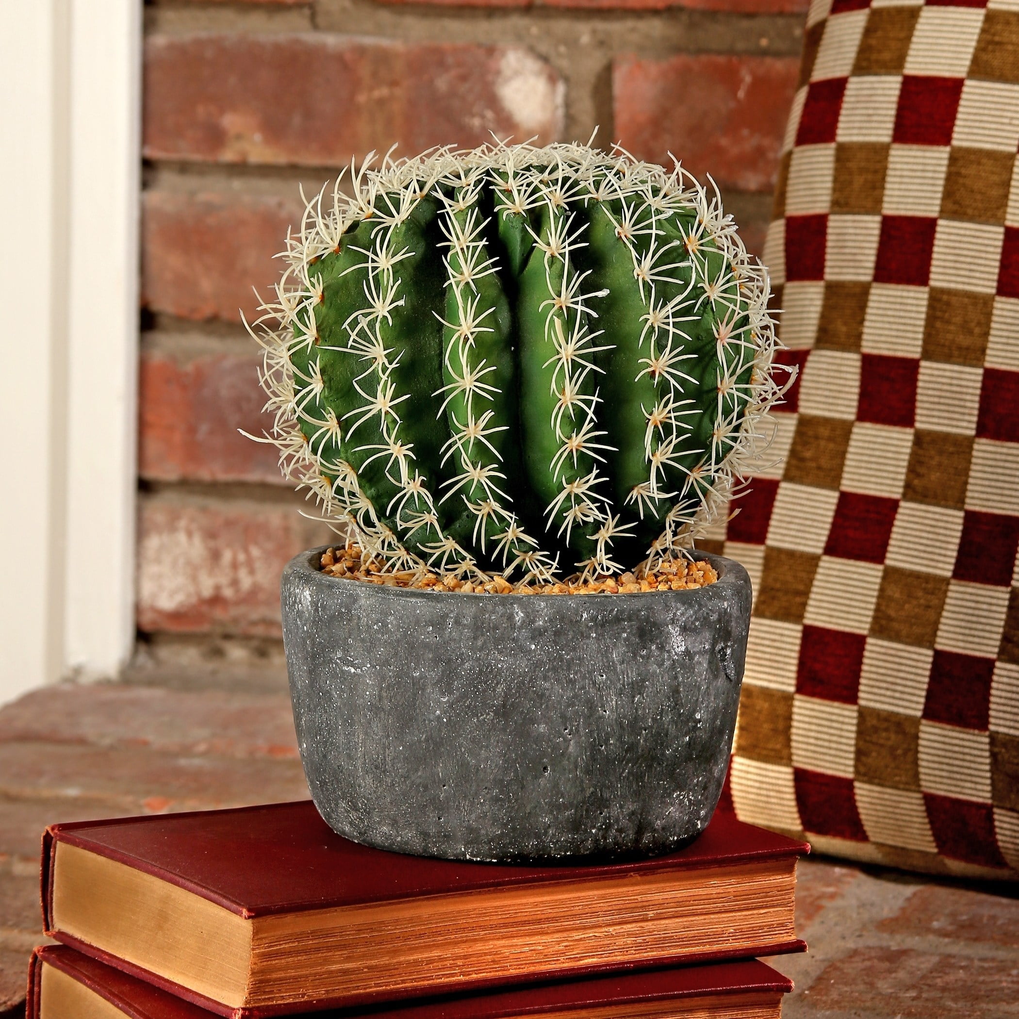 Regency 6 in. diameter Artificial Barrel Cactus in Cement Pot, Green