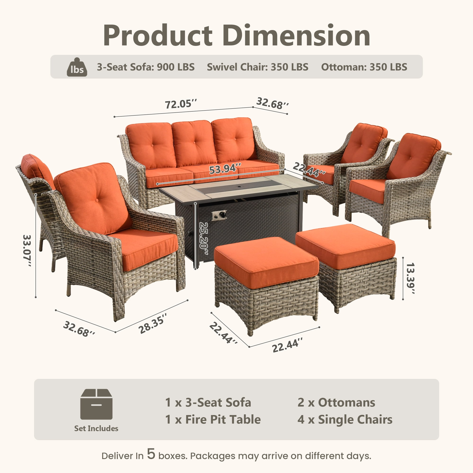 Vcatnet Patio Furniture Set with Fire Pit 8 Pieces Wicker Outdoor Sectionals High Back Outdoor Conversation Set with Ottoman, Coarse Orange Red