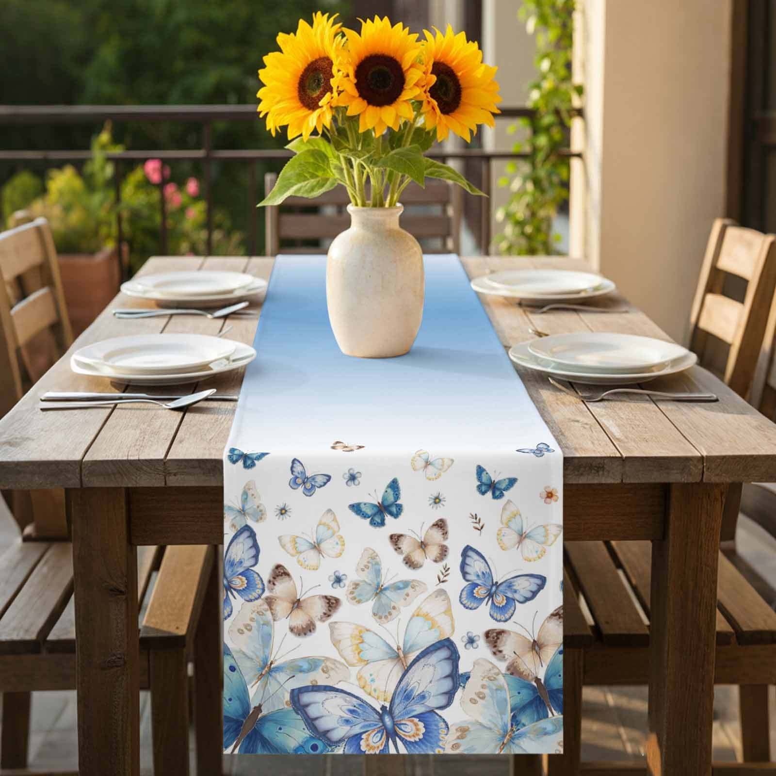 Butterfly Table Runner 13 x 90 Inch, Abstract Blue Gold Animal Blue White Gradient Washable Cotton Linen Dining Table Runner Tabletop Decorations for Restaurant Home Kitchen Party