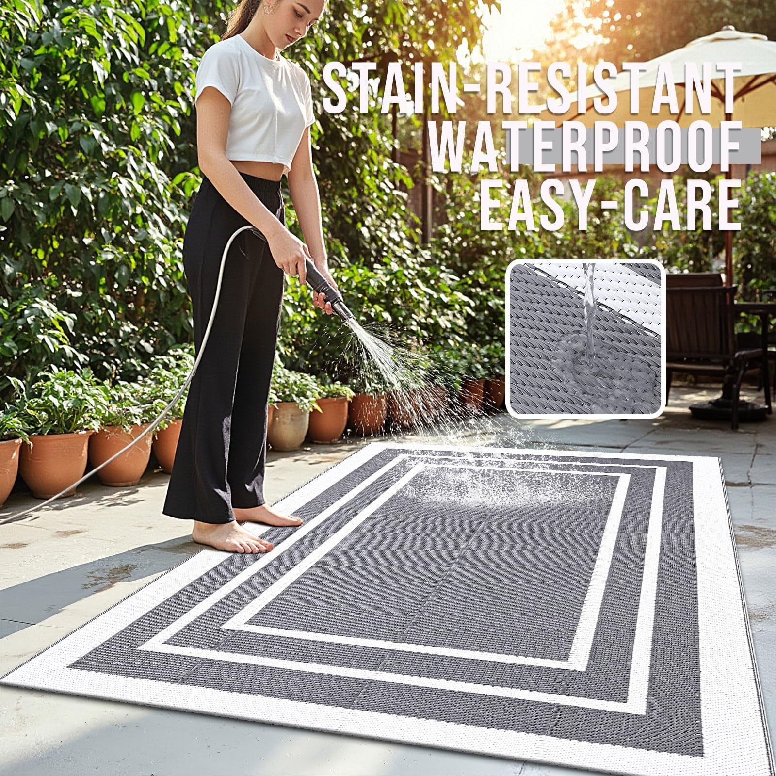 Smiry Outdoor Rugs 5x8, Waterproof Plastic Straw Indoor Outdoor Mat for Patio, RV Camping, Deck,Porch, Grey & White