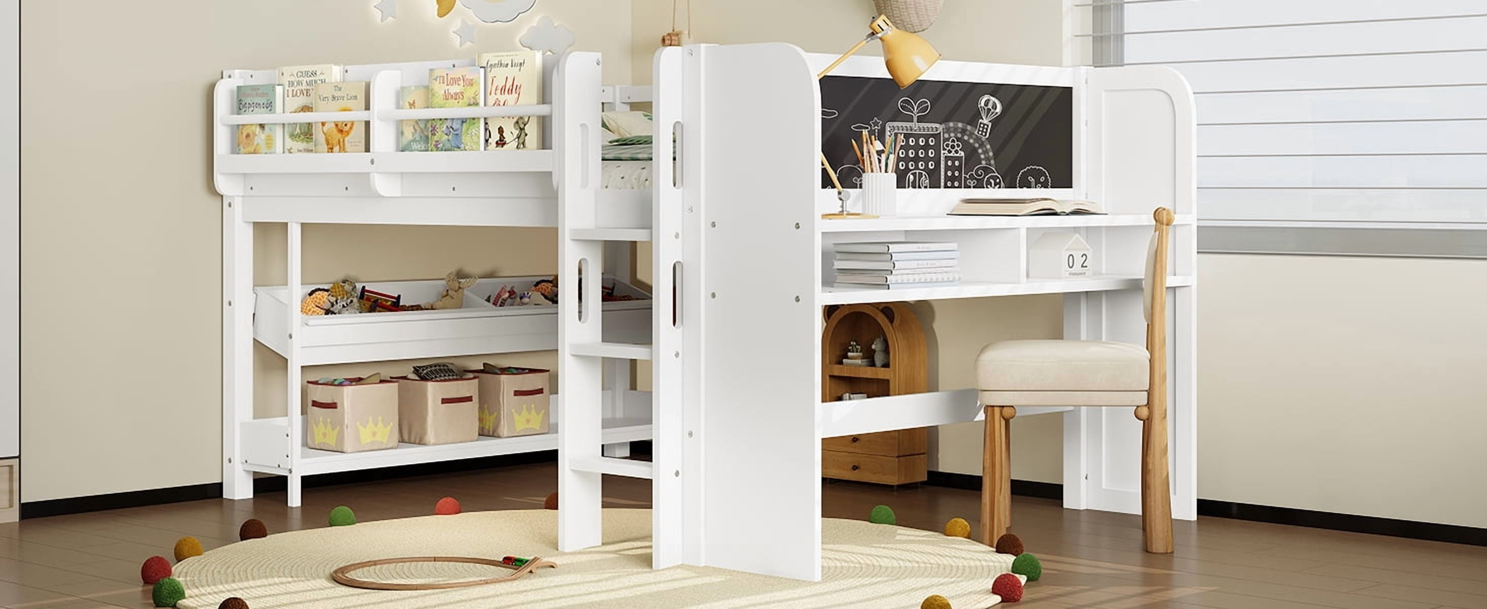 Mintazer Full Low Loft Bed with Desk & Blackboard, Kids Loft Bed with Storage Drawers, No Spring Box Needed, White
