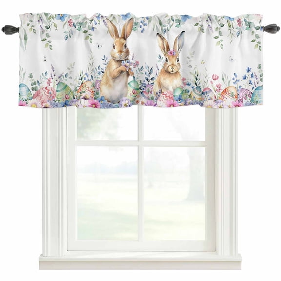 Bunny Easter Rod Pocket Curtain Valance, Spring Floral Eggs Eucalyptus Leaves Weeping Farmhouse Window Valance for Living Room, Bedroom, Kitchen 42"W x 18"L