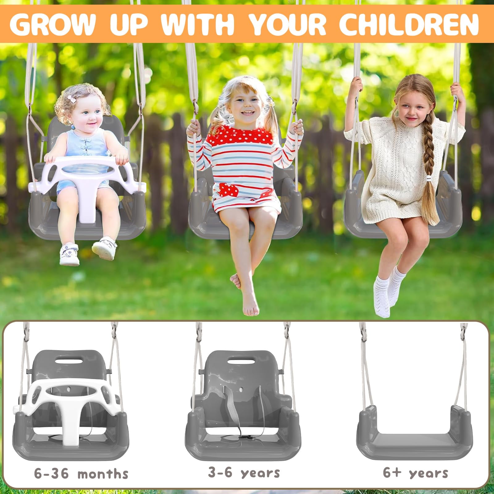 G TALECO GEAR 3-in-1 Toddler Swing Sets for Backyard, Comfy Baby Swing Outdoor Indoor, Kids Swing with Metal Stand, Gray