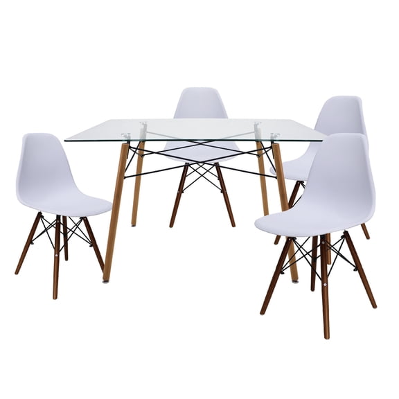 Set de comedor Cristal Mundo In 120 cm Oslo y 4 sillas Eames Blanco base Nogal Minimalista