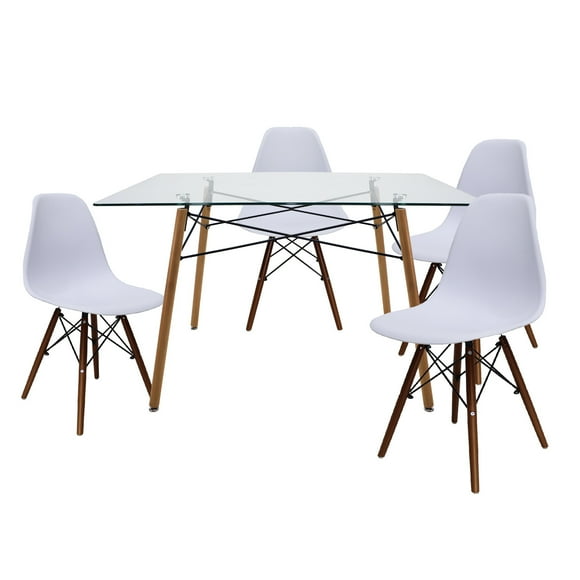 Set de comedor Cristal Mundo In 120 cm Oslo y 4 sillas Eames Blanco base Nogal Minimalista
