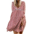 thumbnail image 2 of Women Dresses Long Sleeved Printed Sexy Leisure Dresses Printed Loose V-neck Fashion Dresses Red Trendy Skirt Size M, 2 of 4