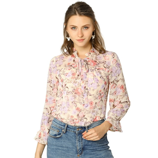 INSPIRE CHIC Chemisier à Manches Longues pour Femmes avec Col à Nouer, Col à Volants, Imprimé Floral, Abricot P