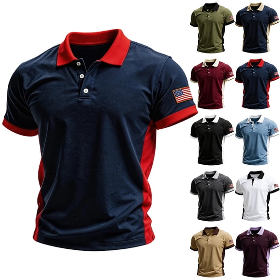 Men's US 250th Anniversary Vintage Color Block Polo Shirt with Side Stripe Detail and American Flag Patch Featuring Short Sleeve Turn-Down Collar Army Green L