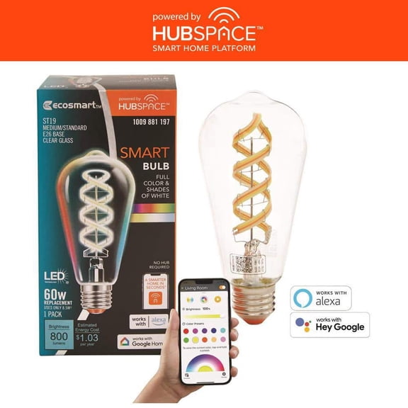 60-Watt Equivalent Smart ST-19 Clear Color Changing CEC LED Light Bulb with Voice Control (1-Bulb) Powered by Hubspace