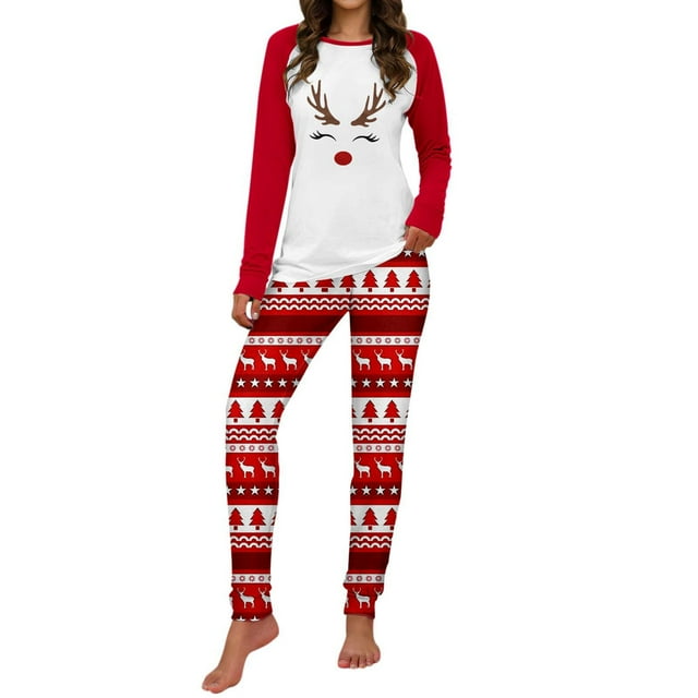 KFGUSIHS Ensembles de Pyjamas pour Femmes 2 Pcs Noël Automne et Hiver Père Noël Imprimé Graphique Col Rond Manches Longues Blouses et Pantalons Tenues de Nuit Régulières, e-Rouge, TG