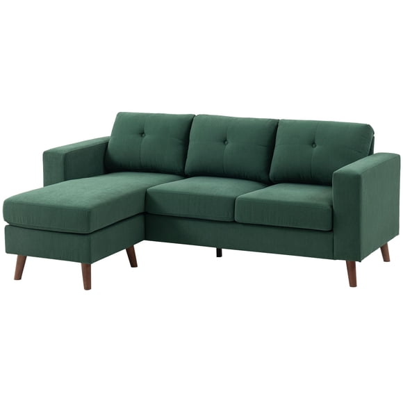 Dark Green L-Shaped Sectional Sofa with Changeable Chaise | Small Space Couch, Corduroy Upholstery, 75.6” Wide | Living Room & Apartment Seating