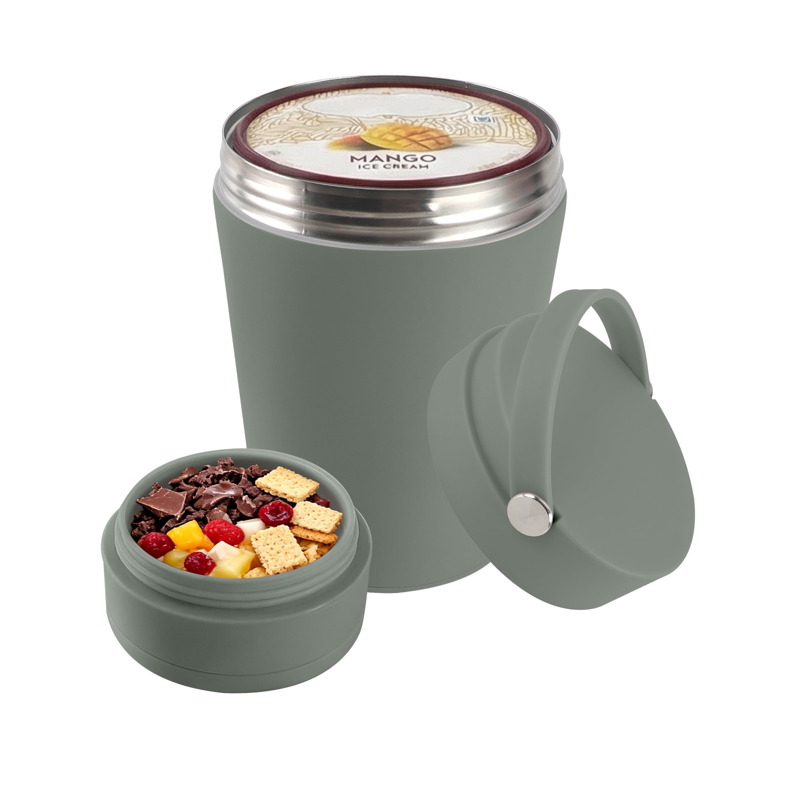 Cook with Color Insulated Ice Cream or Soup Container with Toppings Compartment and Spoon, Sage