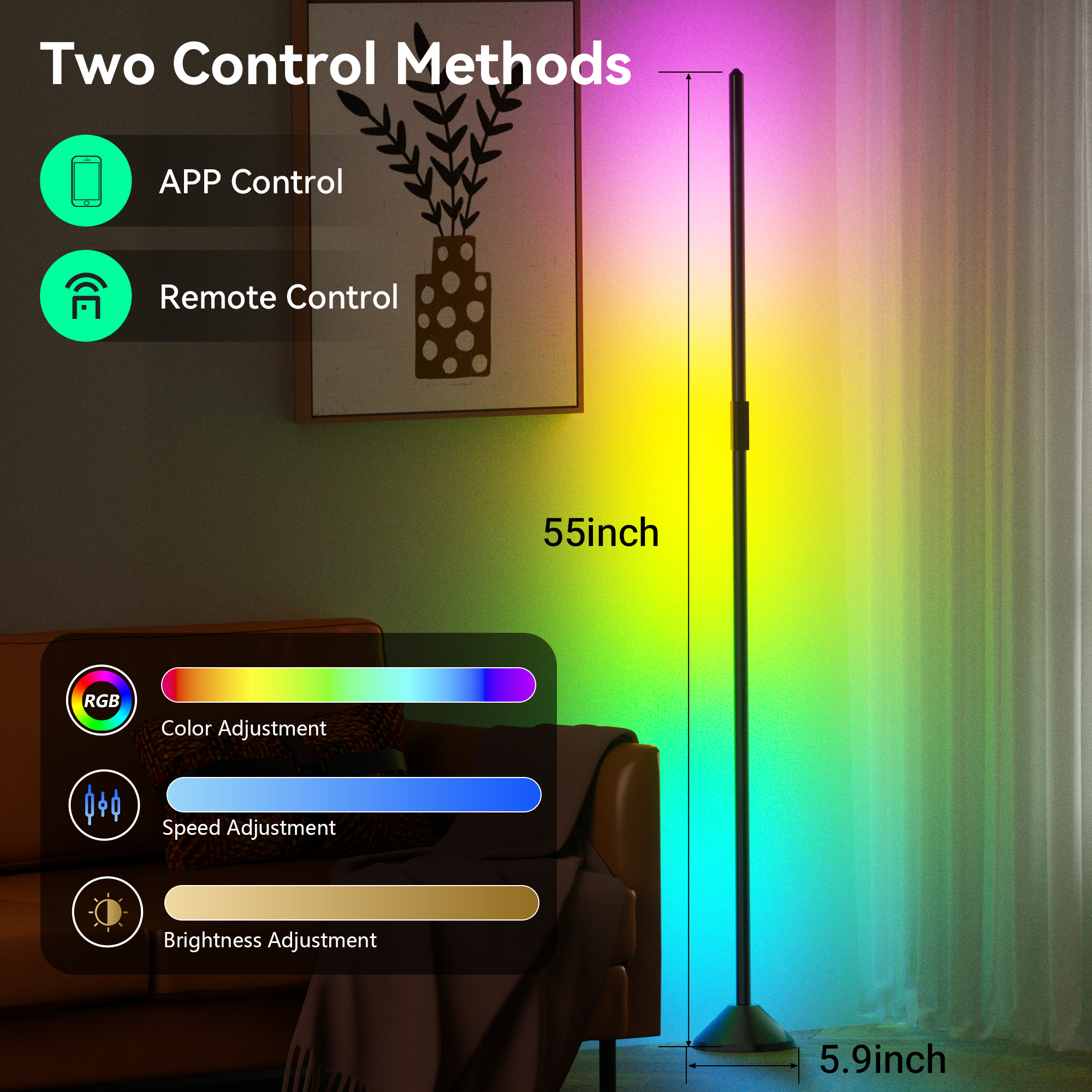 DAYBETTER LED Corner Floor Lamp, Smart WiFi Control, 16 Million Colors, Music Sync, Adjustable Brightness, Iron Base, Triangular Design