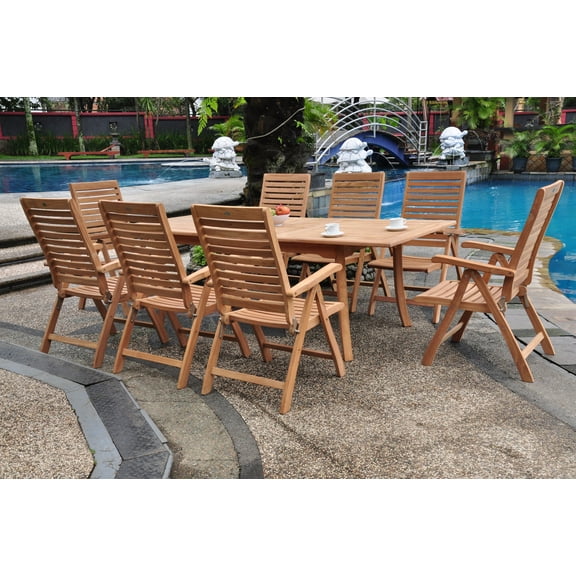 Teak Dining Set:8 Seater 9 Pc - 94" Rectangle Table And 8 Ashley Reclining Arm Chairs Outdoor Patio Grade-A Teak Wood WholesaleTeak #WMDSASf