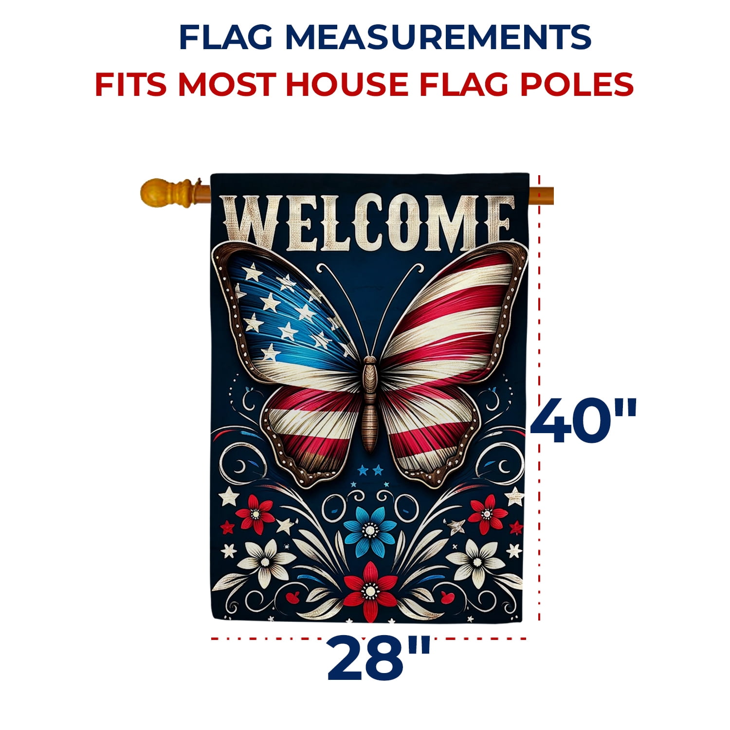 America Forever Patriotic Butterfly House Flag, 28x 40 inch Double Sided, Stars and Stripes USA 4th Of July Yard Flags for Outside Independence Day Fourth of July Decorations Outdoor Welcome Flag