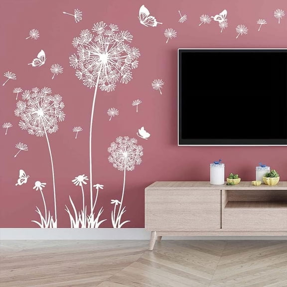 Farcauo Dandelion Wall Decals Peel and Stick Dandelion Wall Stickers White Large Floral Wall Stickers & Murals Vinyl Wall Art Flower Wall Decals for Bedroom Bathroom Living Room Door Restroom