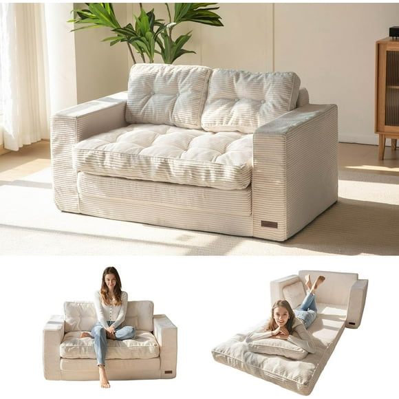 Convertible Sofa Bed, Pull Out Loveseat Sleeper Sofa, 2 in 1 Folding Couch Bed for Living Room Bedroom Tufted Lounge Chair for Adults, Beige