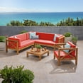 thumbnail image 2 of Timothy Outdoor 6 Seater Acacia Wood Sectional Sofa and Club Chair Set, Teak Finish, Red, 2 of 6