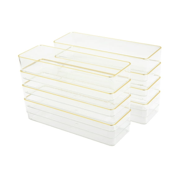 Martha Stewart Kerry 8 Pack Plastic Stackable Office Desk Drawer Organizers with Gold Trim, 9" x 3"