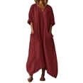 thumbnail image 2 of QUNYINEY 3/4 Sleeve Womens Dresses Long Red Cotton Linen Spring A Line Dress with Pockets V Neck Flowy Casual Loose Fit Dresses, 2 of 7