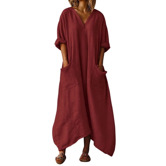 BUIGTTKLOP Cotton Linen Maxi Dresses for Women 3/4 Sleeve Long Dresses V Neck Casual Flowy Loose Fitted Summer Sundress with Pockets