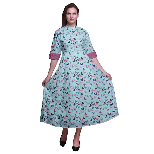 Bimba Robe Anarkali Pastel Menthe Col Mandarin Sans Manches Kurtis pour Femmes Imprimé Robe Maxi XX-Grand