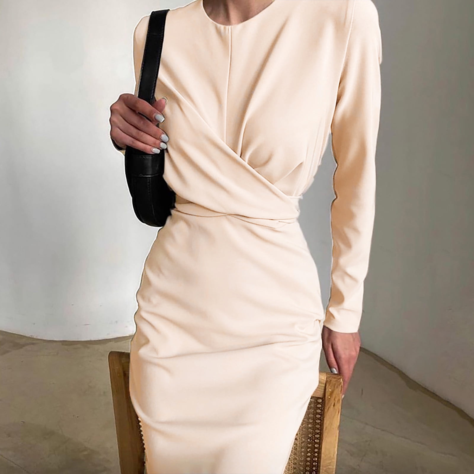 Wrap Dress for Women Crewneck Long Sleeve Bodycon Dress Casual Slim Fit  Work Office Business Midi Pencil Dresses - Walmart.com