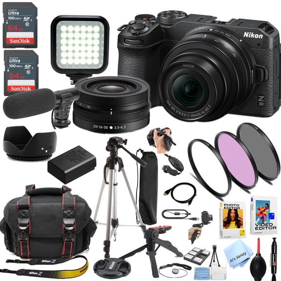 Nikon Z30 Mirrorless Digital Camera W/Nikkor Z 16-50mm Lens   128GB Memory, LED Light, Microphone, Filters, Case, Tripod, and More (34pc Video Bundle)(International Model)
